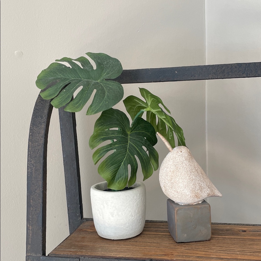 Ceramic vintage bird and faux Potted Monstera Plant in White Ceramic Pot
